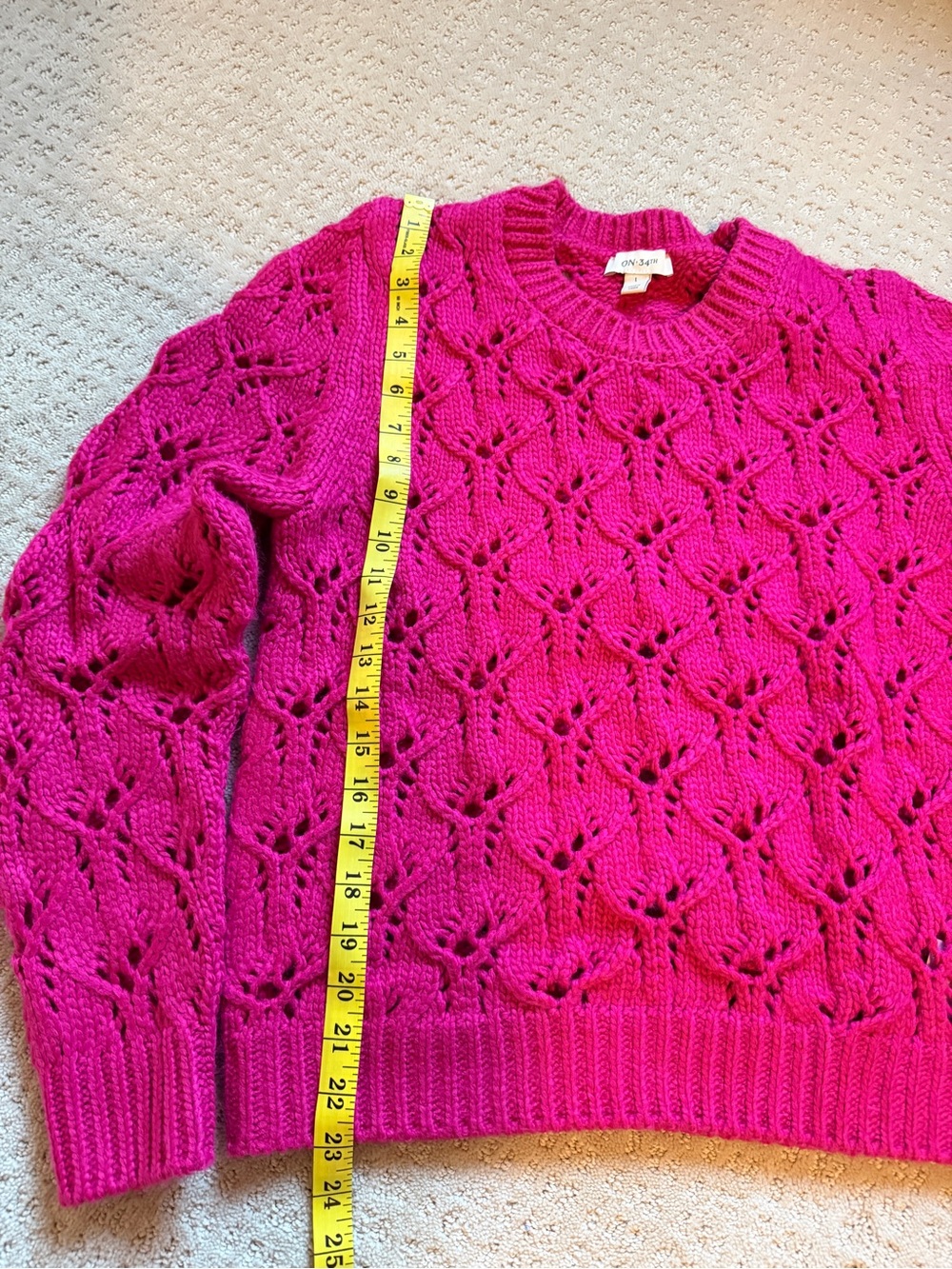 Open-Knit Crewneck Sweater in Bright Fuchsia - Picture 3 of 4